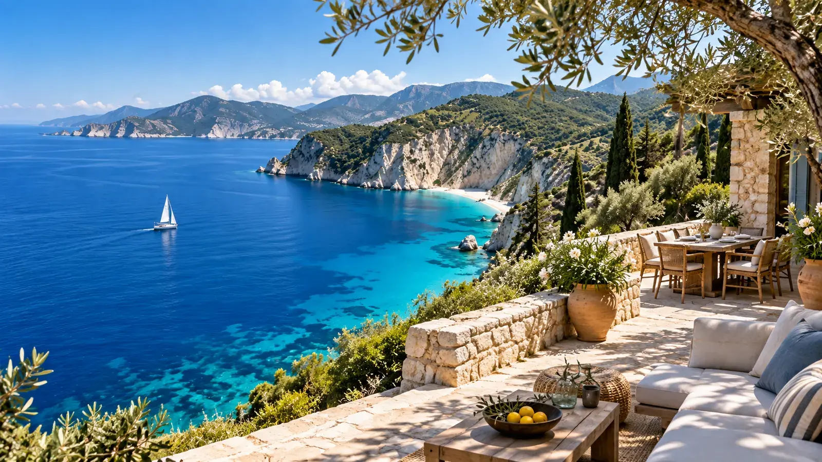 Mediterranean villa terrace with Ionian sea view